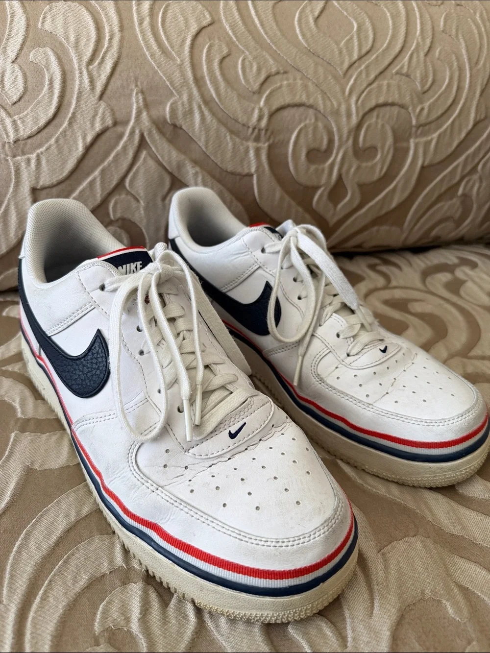 Nike Men’s White Sneakers with Navy Swoosh & Red Trim